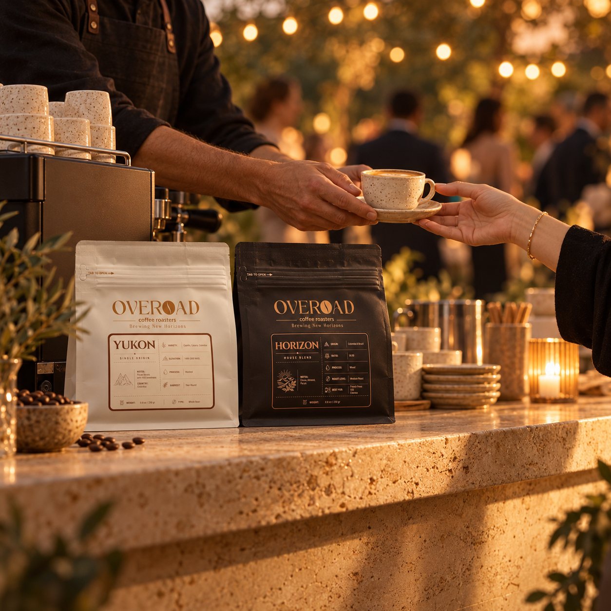 Espresso bar with OVEROAD bags at an evening event