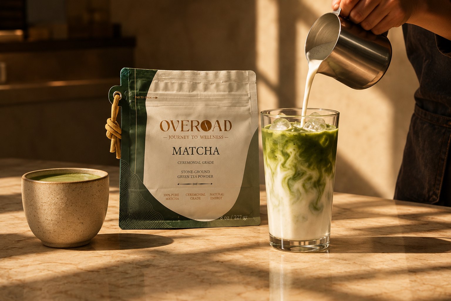 Iced matcha latte poured beside a bag of OVEROAD Matcha