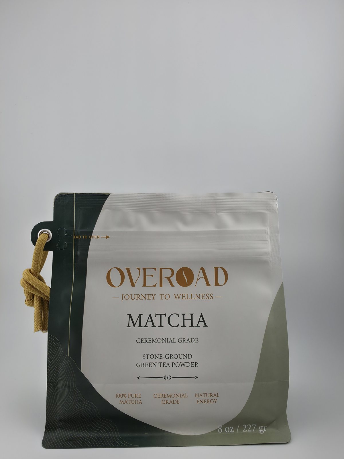Front of the OVEROAD Matcha bag: ceremonial grade, stone-ground green tea powder
