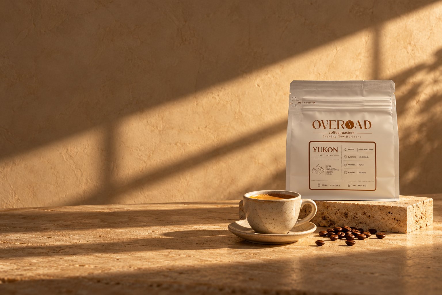 OVEROAD YUKON bag and espresso on travertine in warm window light